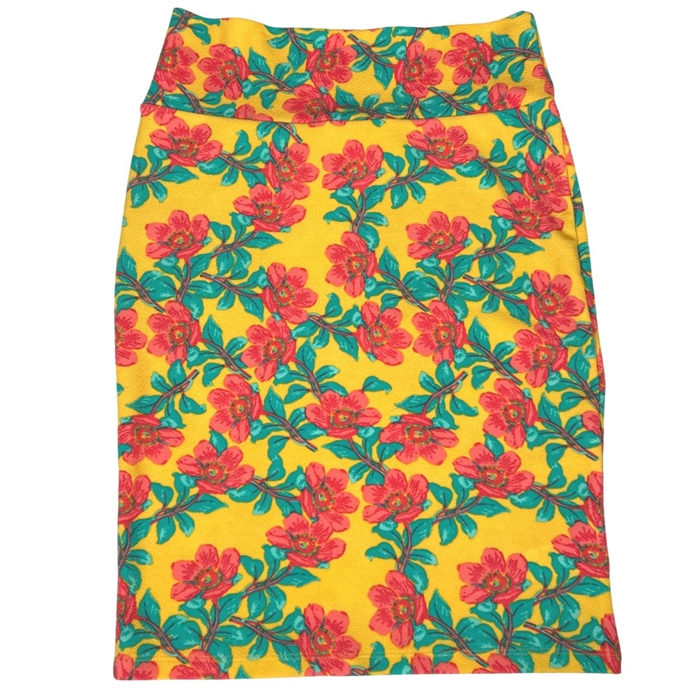LuLaRoe Cassie Pencil Skirt Womens Yellow Red Floral Print Stretch Knee Small